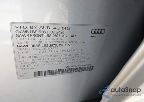 2013 Audi Q5 2.0T Premium z USA, uszkodzony, nr VIN WA1LFAFP1DA085057
